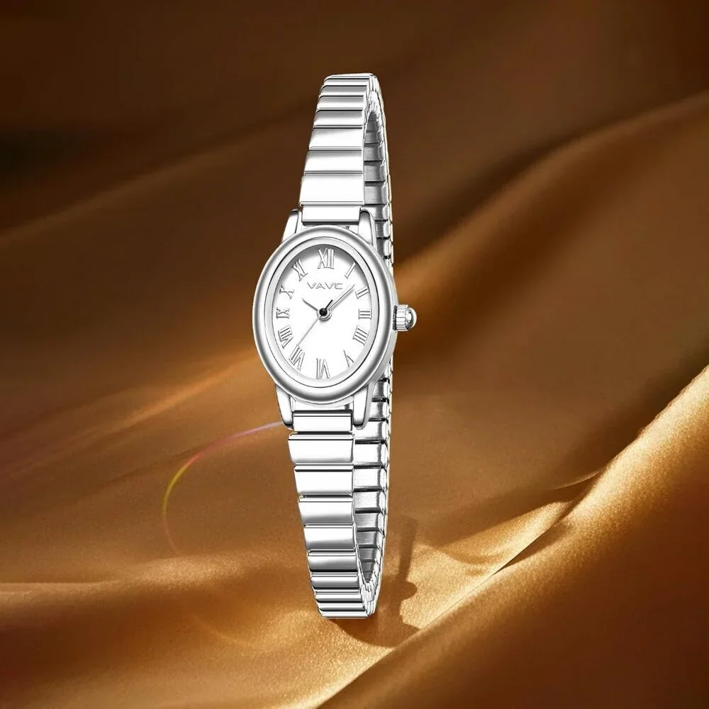 Women's Silver Watch with Stainless Steel Expansion Band Oval Case Roman Dial
